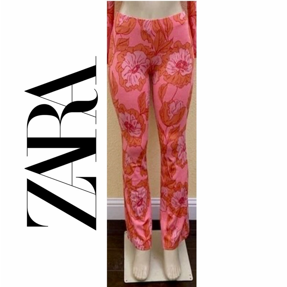 Zara Jacquard Pants Flare Hippie Floral Pink/Orange Stretchy Sz M Y2K Groovy